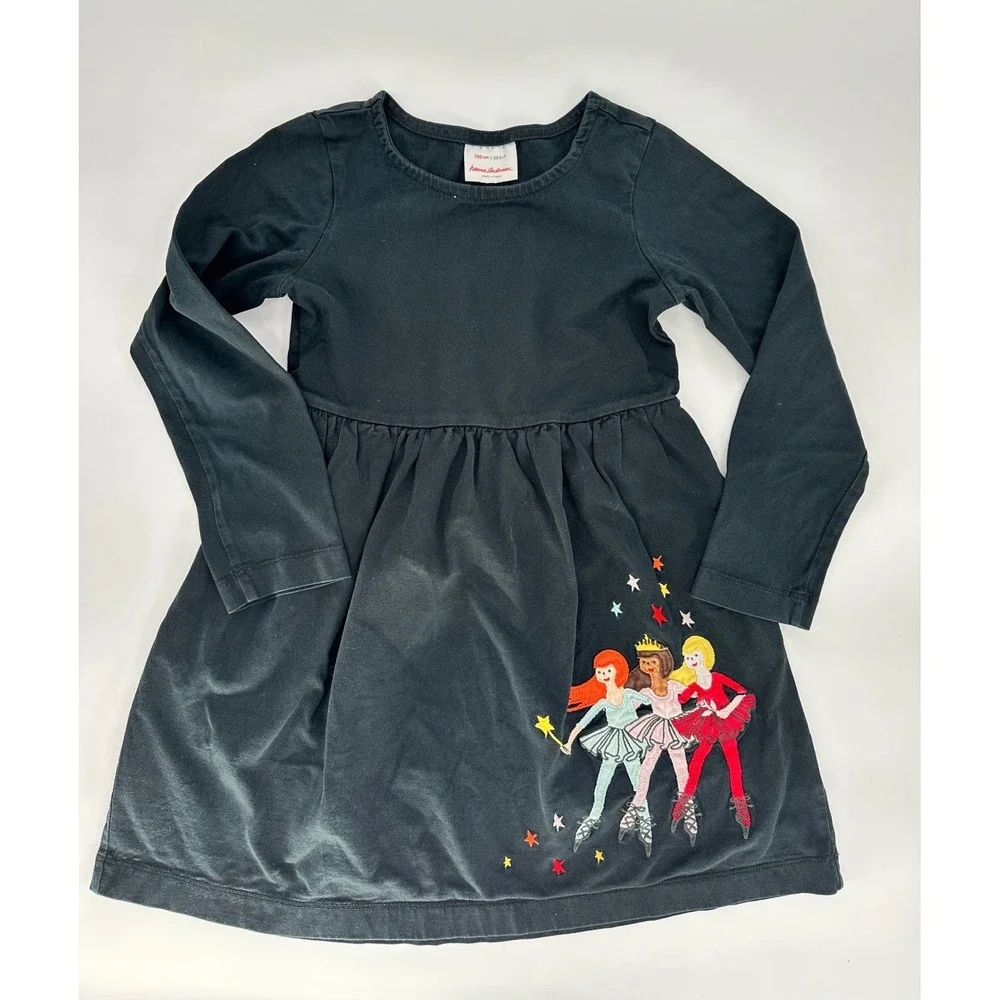 Hanna Andersson Girls Dress Size‎ 6 7 Long Sleeve Black Ballerina Applique Twirl